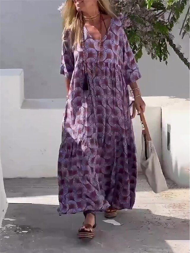 Casual Loose Geometric V Neck 3/4 Sleeve Maxi Dress - Image 6