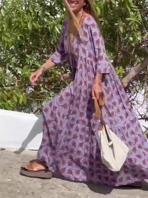 Casual Loose Geometric V Neck 3/4 Sleeve Maxi Dress - Image 7