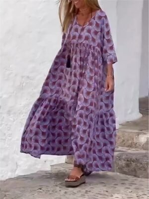 Casual Loose Geometric V Neck 3/4 Sleeve Maxi Dress - Image 8
