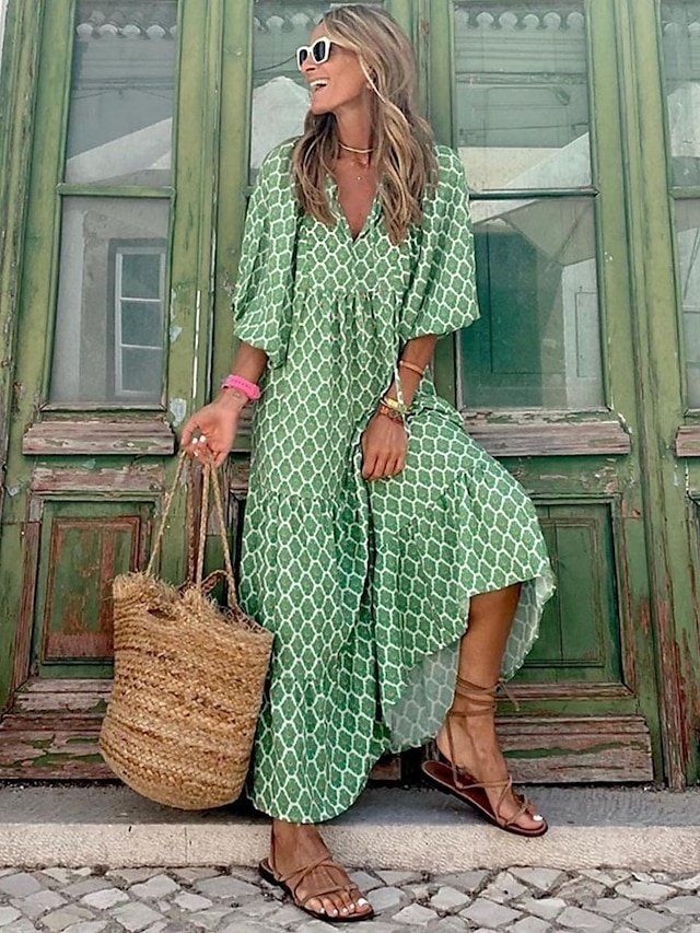 Casual Loose Geometric V Neck Lantern Sleeve Maxi Dress - Image 1