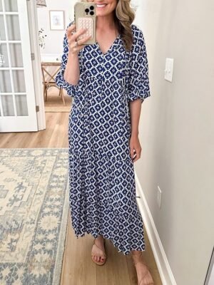 Casual Loose Geometric V Neck Lantern Sleeve Maxi Dress - Image 10