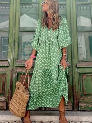 Casual Loose Geometric V Neck Lantern Sleeve Maxi Dress - Image 2