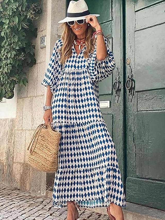 Casual Loose Geometric V Neck Lantern Sleeve Maxi Dress - Image 3