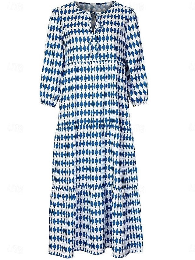 Casual Loose Geometric V Neck Lantern Sleeve Maxi Dress - Image 5