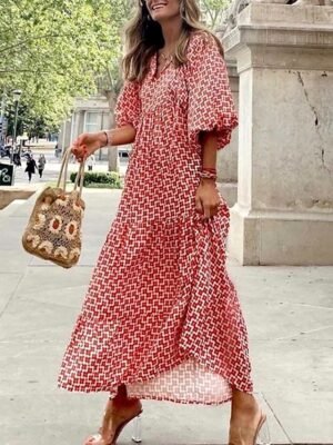 Casual Loose Geometric V Neck Lantern Sleeve Maxi Dress - Image 8
