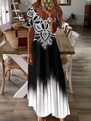 Casual Loose Geometric V Neck Short Sleeve Maxi Dress - Image 1