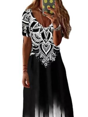 Casual Loose Geometric V Neck Short Sleeve Maxi Dress - Image 2