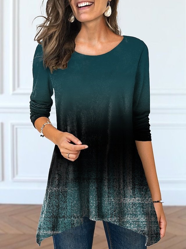 Casual Loose Gradient Round Neck Long Sleeve Tunic - Image 2