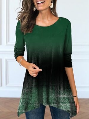 Casual Loose Gradient Round Neck Long Sleeve Tunic - Image 3
