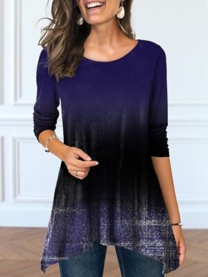 Casual Loose Gradient Round Neck Long Sleeve Tunic - Image 4