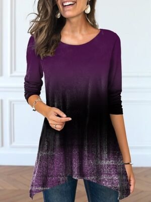Casual Loose Gradient Round Neck Long Sleeve Tunic - Image 5