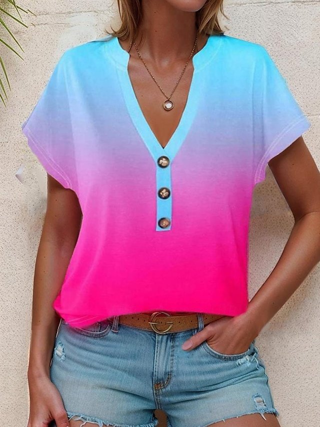 Casual Loose Gradient V-Neck Short Sleeve Summer Top - Image 1