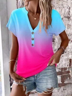 Casual Loose Gradient V-Neck Short Sleeve Summer Top - Image 3