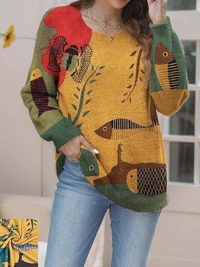 Casual Loose Graphic Crew Neck Long Sleeve Long Knitted Top - Image 1