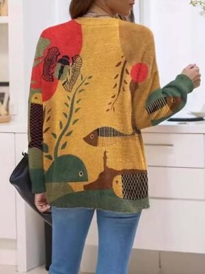 Casual Loose Graphic Crew Neck Long Sleeve Long Knitted Top - Image 3