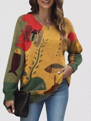 Casual Loose Graphic Crew Neck Long Sleeve Long Knitted Top - Image 4