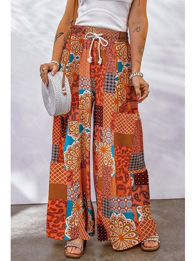 Casual Loose Graphic Drawstring Long Wide Leg Trousers - Image 1