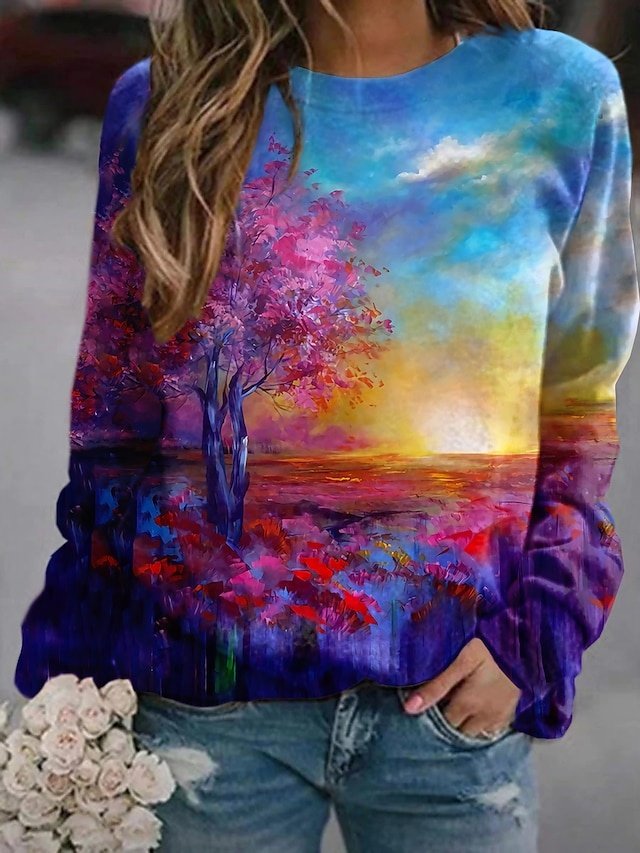 Casual Loose Graphic Round Neck Long Sleeve Purple Sweatshirt - Image 1