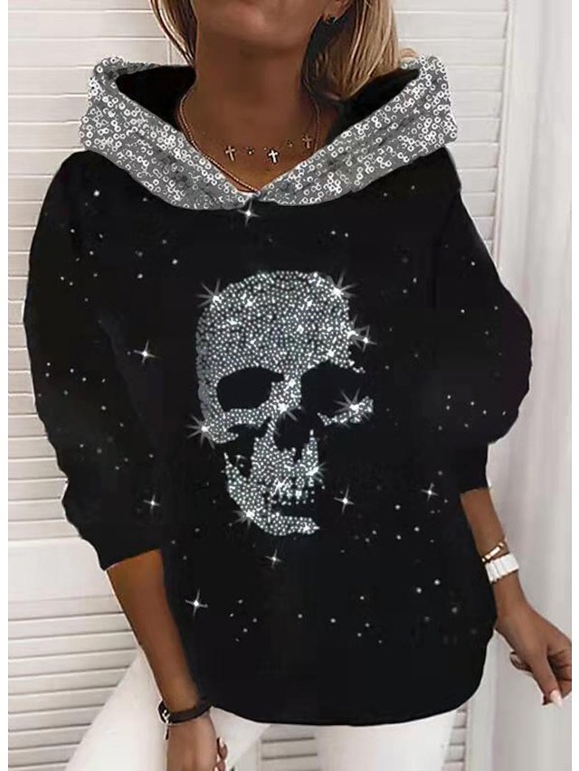 Casual Loose Graphic Skull Crew Neck Long Sleeve Hoodie - Image 1
