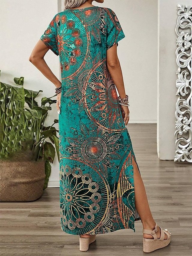 Casual Loose Graphic V Neck Short Sleeve Maxi Dress - Image 2