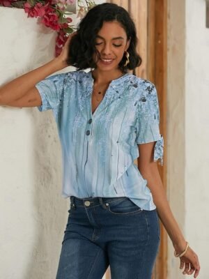 Casual Loose Graphic V Neck Tie Short Sleeve Basic T-shirt - Image 11