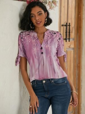 Casual Loose Graphic V Neck Tie Short Sleeve Basic T-shirt - Image 15