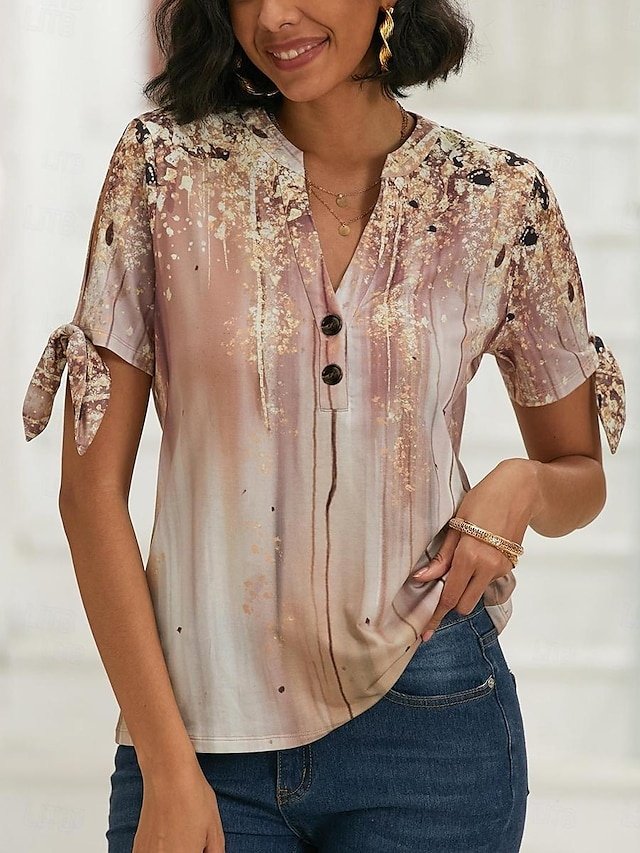 Casual Loose Graphic V Neck Tie Short Sleeve Basic T-shirt - Image 2