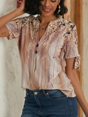 Casual Loose Graphic V Neck Tie Short Sleeve Basic T-shirt - Image 4