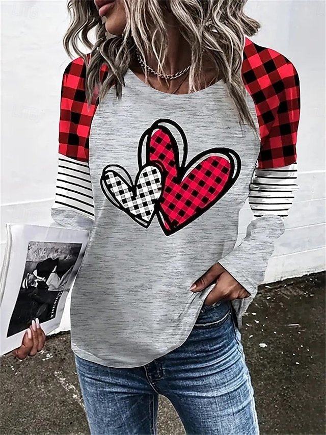 Casual Loose Heart Print Crew Neck Long Sleeve Long Top - Image 1