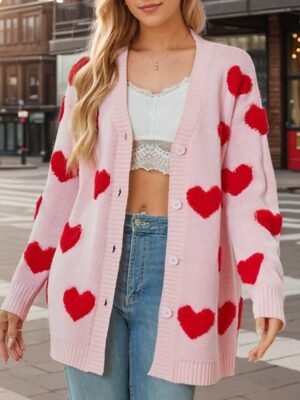 Casual Loose Heart V Neck Long Sleeve Regular Cardigan - Image 1