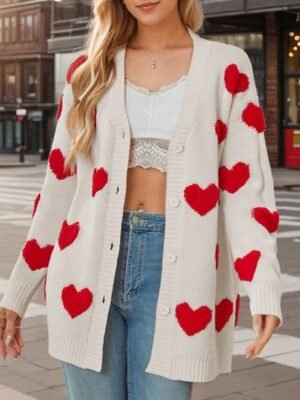 Casual Loose Heart V Neck Long Sleeve Regular Cardigan - Image 5