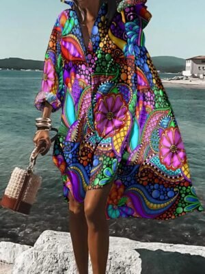 Casual Loose High Low Shirt Collar Rolled Cuff Long Sleeve Midi Dress - Image 1