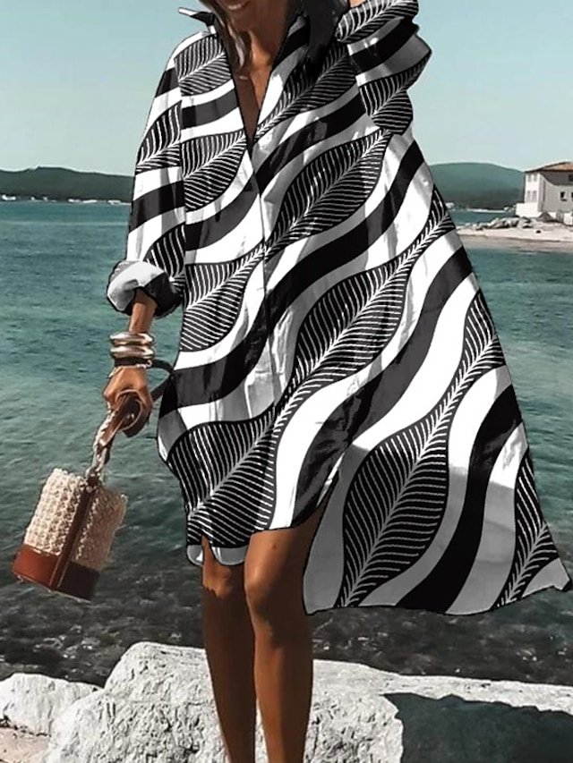 Casual Loose High Low Shirt Collar Rolled Cuff Long Sleeve Midi Dress - Image 2