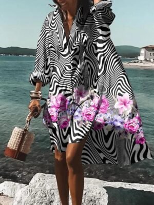 Casual Loose High Low Shirt Collar Rolled Cuff Long Sleeve Midi Dress - Image 5