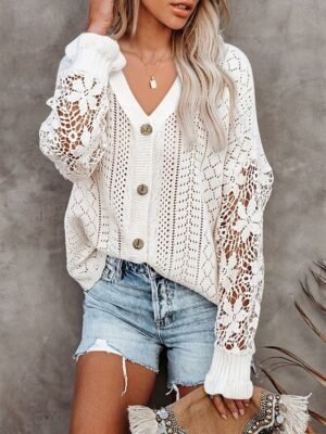 Casual Loose Hole V Neck Long Sleeve Regular Cardigan - Image 1