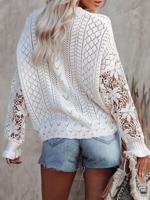 Casual Loose Hole V Neck Long Sleeve Regular Cardigan - Image 2