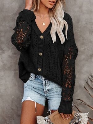 Casual Loose Hole V Neck Long Sleeve Regular Cardigan - Image 5