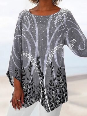 Casual Loose Leaf Print Round Neck Long Sleeve Asymmetrical Hem Long Top - Image 1
