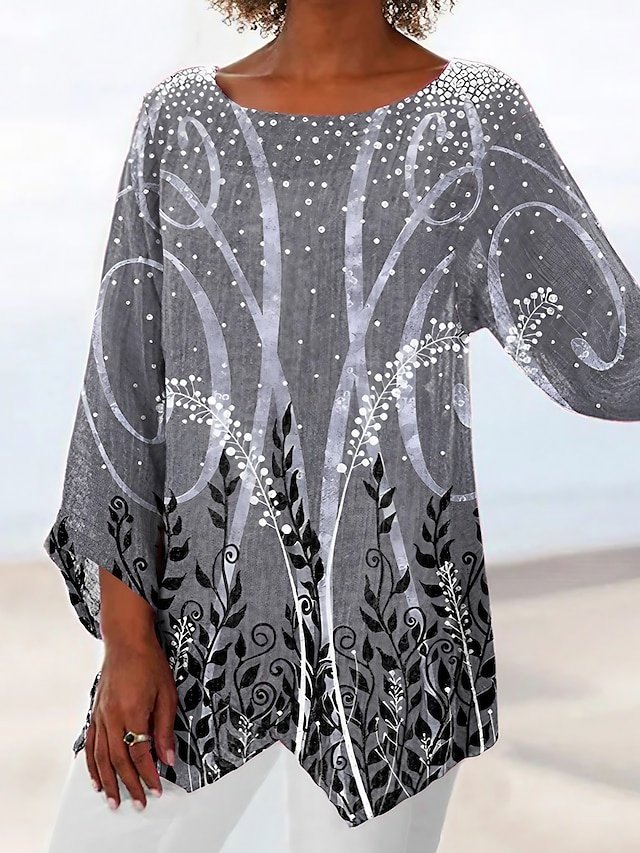 Casual Loose Leaf Print Round Neck Long Sleeve Asymmetrical Hem Long Top - Image 1