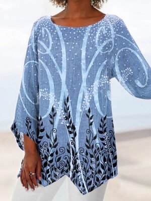 Casual Loose Leaf Print Round Neck Long Sleeve Asymmetrical Hem Long Top - Image 2