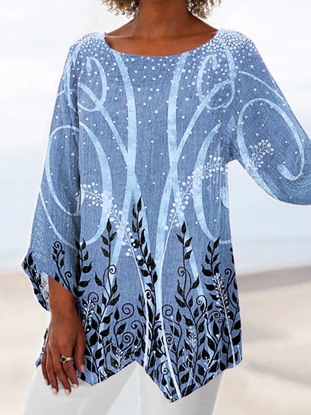 Casual Loose Leaf Print Round Neck Long Sleeve Asymmetrical Hem Long Top - Image 2