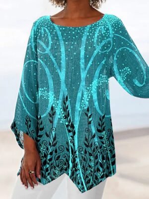 Casual Loose Leaf Print Round Neck Long Sleeve Asymmetrical Hem Long Top - Image 3
