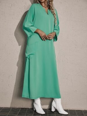 Casual Loose Leaf Print V Neck 3/4 Sleeve Maxi Dress - Image 10