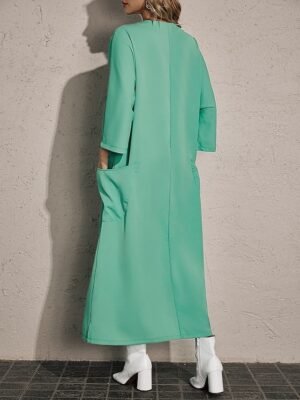 Casual Loose Leaf Print V Neck 3/4 Sleeve Maxi Dress - Image 11