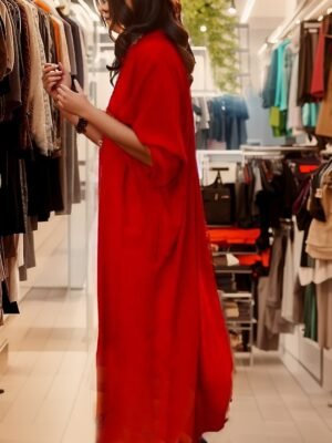 Casual Loose Leaf Print V Neck 3/4 Sleeve Maxi Dress - Image 2