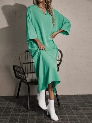 Casual Loose Leaf Print V Neck 3/4 Sleeve Maxi Dress - Image 7