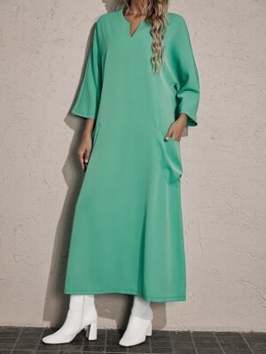 Casual Loose Leaf Print V Neck 3/4 Sleeve Maxi Dress - Image 9