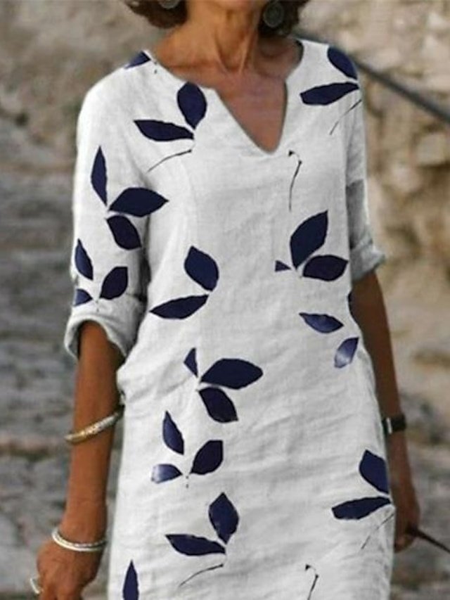 Casual Loose Leaf V Neck Half Sleeve Midi Dress - Image 2