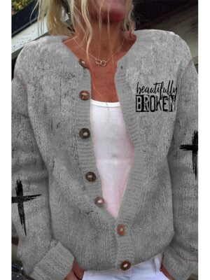 Casual Loose Letter Ribbed Crew Neck Long Sleeve Long Cardigan - Image 4