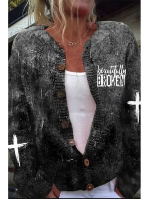 Casual Loose Letter Ribbed Crew Neck Long Sleeve Long Cardigan - Image 5